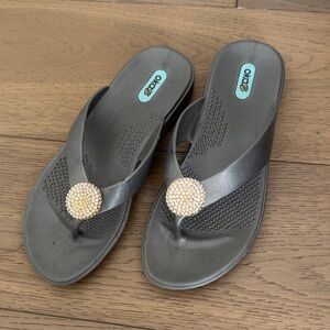 OKA b. Charcoal Flip Flop Sandals with Gold And Crystal Medallions